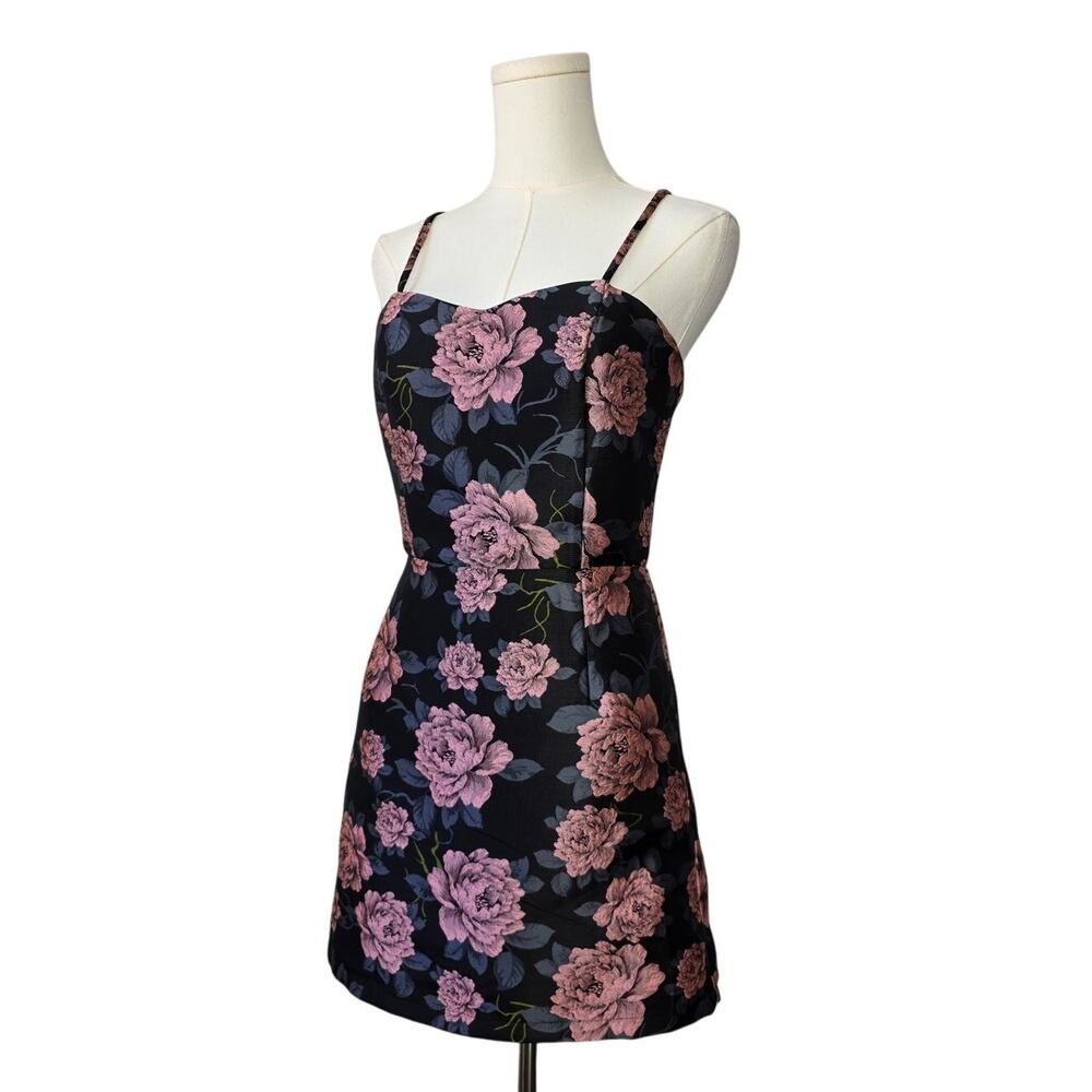 FOREVER 21 Black Ground Pink Rose Mini Criss-Cross Strap Dress